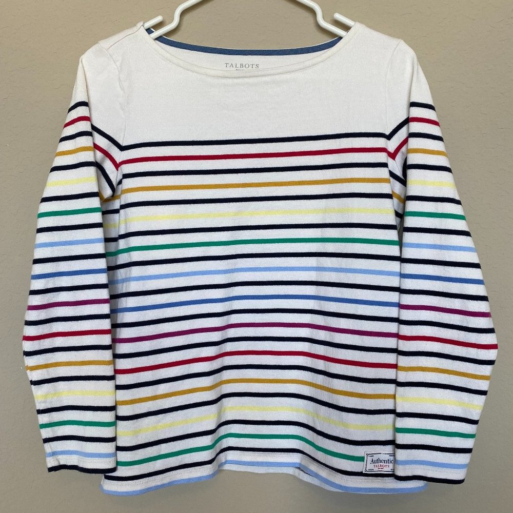 Woman's Talbots Authentic Ivory Perry Rainbow Stripe Long Sleeve Top Size PS